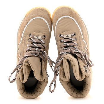 CHANEL Fabric Suede Womens CC Sneakers 38 Beige