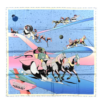 HERMES Silk Space Derby Scarf 90 Bleu Ciel Rose Vert Amande