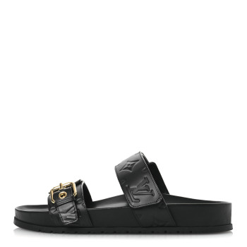 LOUIS VUITTON Lambskin Embossed Monogram Bom Dia Flat Mule Sandals 38 Black
