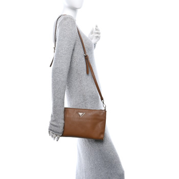 PRADA Vitello Daino Zippered Crossbody Bag Brandy