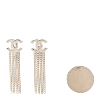CHANEL Metal Chain CC Drop Earrings Silver