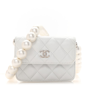 CHANEL Iridescent Calfskin Quilted Mini Maxi Pearls Wallet On Chain WOC White