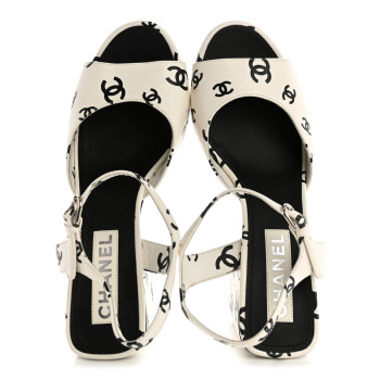 CHANEL Lambskin Printed CC Sandals 41 White Black