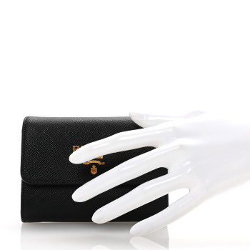 PRADA Saffiano Metal Tri-Fold Wallet Black Hibiscus