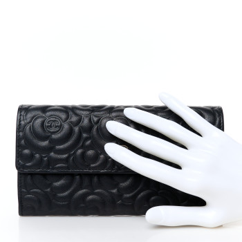 CHANEL Lambskin Embossed Camellia Large Gusset Flap Wallet Black