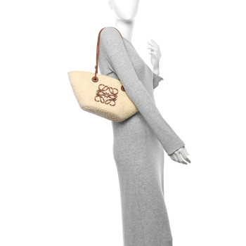 LOEWE Calfskin Raffia Paulas Ibiza Small Anagram Basket Tote Bag Natural Tan