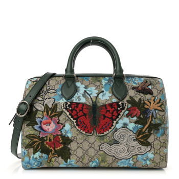 GUCCI GG Supreme Monogram Bloom Butterfly Embroidered Medium Boston Green