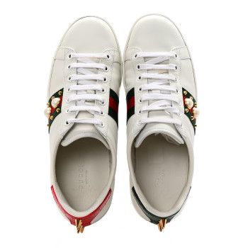GUCCI Calfskin Web Pearl Studded Womens Ace Sneakers 38.5 White