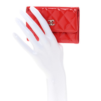CHANEL Patent Quilted Card Holder Wallet Red