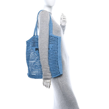 PRADA Yarn Raffia Effect Crochet Logo Embroidered Tote Bag Celeste
