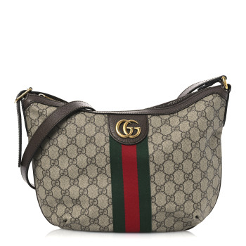 GUCCI GG Supreme Monogram Textured Dollar Calfskin Web Small Ophidia Half Moon Hobo Beige Ebony New Acero