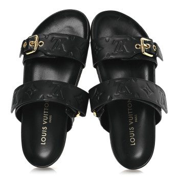 LOUIS VUITTON Lambskin Embossed Monogram Bom Dia Flat Mule Sandals 38 Black