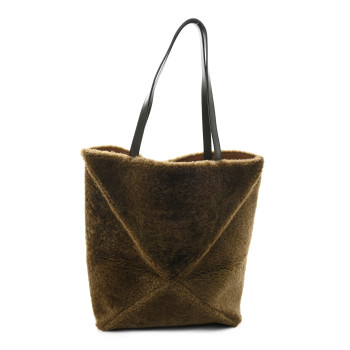 LOEWE Shearling Medium Puzzle Fold Tote Dark Khaki
