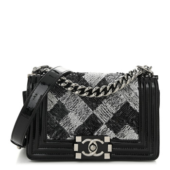CHANEL Patent Iridescent Calfskin Sequin Medium Boy Flap Bag Black