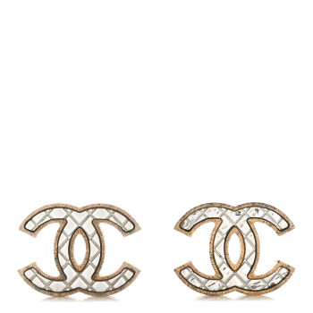 CHANEL Metal Quilted CC Earrings Gold White