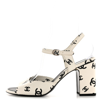 CHANEL Lambskin Printed CC Sandals 41 White Black