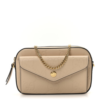 GUCCI Calfskin GG Super Mini Debossed Chain Wallet Light Beige
