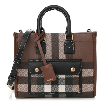 BURBERRY E-Canvas Check Calfskin Mini Freya Tote Dark Birch Brown