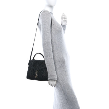 SAINT LAURENT Calfskin Crocodile Embossed Medium Classic Monogram Cassandra Top Handle Black Rouge Legion
