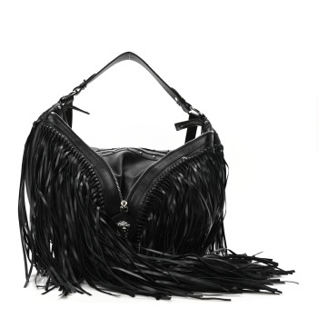 VERSACE Calfskin Studded Large Fringe Repeat Zip Hobo Black