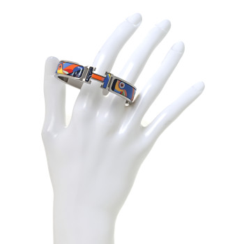 HERMES Enamel Narrow Toucans De Paradis Print H Lift Clic Clac H Bracelet PM Indigo Multicolor