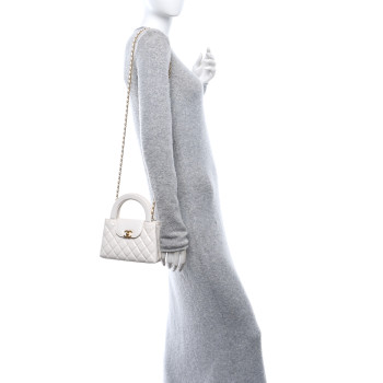 CHANEL Shiny Aged Calfskin Quilted Nano Kelly Shopper White