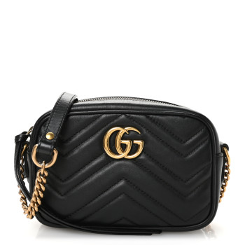 GUCCI Calfskin Matelasse Mini GG Marmont Chain Shoulder Bag Black