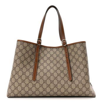 GUCCI GG Supreme Monogram Emblem Medium Tote Bag Beige Dark Brown