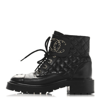 CHANEL Shiny Calfskin Quilted Lace Up Combat Boots 37 Black