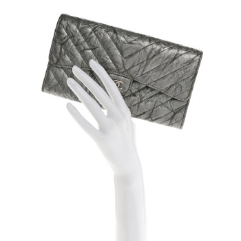 CHANEL Patent Metallic Crumpled Calfskin Chevron Quilted Large Gusset Flap Wallet Silver