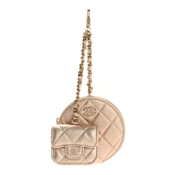 CHANEL Metallic Lambskin Quilted Round Clip On Coin Purse Airpods Case Gold