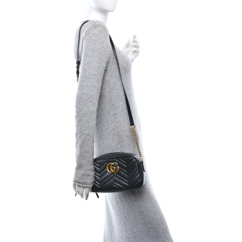 GUCCI Calfskin Matelasse Small GG Marmont Chain Shoulder Bag Black