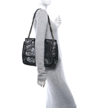 SAINT LAURENT Crinkled Calfskin Matelasse Monogram Large Niki Chain Satchel Black