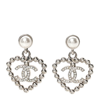 CHANEL Pearl Crystal CC Heart Drop Earrings Silver