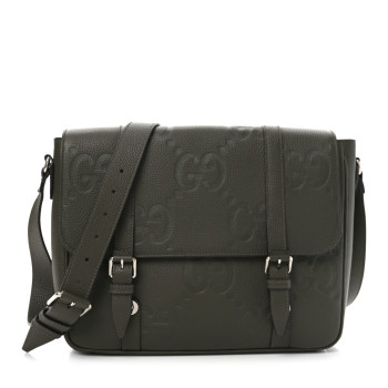 GUCCI Piuma Calfskin Jumbo GG Embossed Double Buckle Medium Messenger Bag Dark Vintage Olive