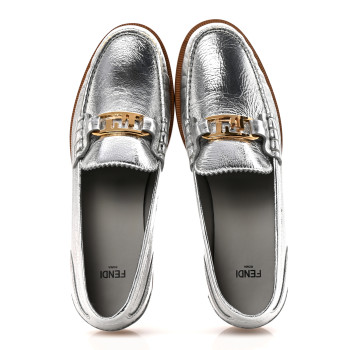 FENDI Metallic Vitello Womens O'Lock Loafers 39 Argento