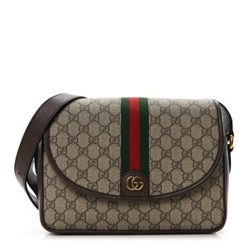 GUCCI GG Supreme Monogram Textured Dollar Calfskin Web Ophidia Flap Shoulder Bag  Beige Ebony New Acero