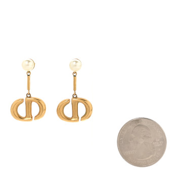 CHRISTIAN DIOR Pearl Logo Drop Earrings Gold