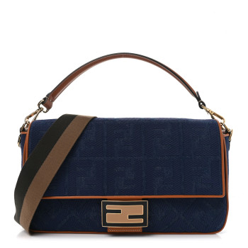FENDI Denim Vitello King FF Embroidered Large Baguette Blue Cuoio