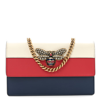 GUCCI Calfskin Queen Margaret Chain Wallet Blue Agata Hibiscus Red Mystic White