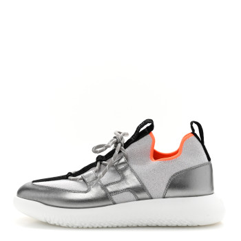 HERMES Knit Metallic Calfskin Womens Duel Sneakers 38 Argent Orange Black