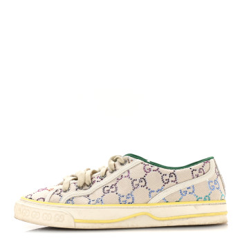 GUCCI Canvas Lame Crystal GG Monogram Womens 1977 Tennis Sneakers 39 Gardenia Silver Mystic White