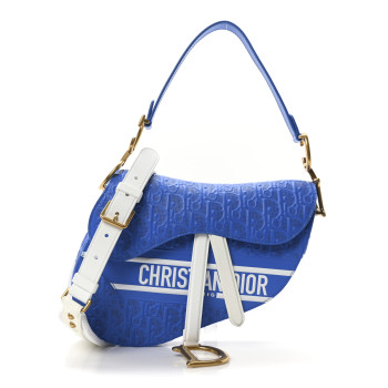 CHRISTIAN DIOR Perforated Calfskin Embossed Oblique Saddle Bag Blue White