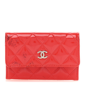 CHANEL Patent Quilted Card Holder Wallet Red