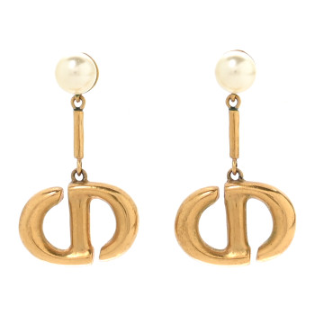 CHRISTIAN DIOR Pearl Logo Drop Earrings Gold