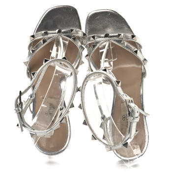 VALENTINO GARAVANI Metallic Nappa Rockstud Ankle T-Strap 105mm Sandals 37 Silver