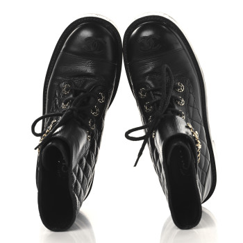 CHANEL Shiny Calfskin Quilted Lace Up Combat Boots 37 Black