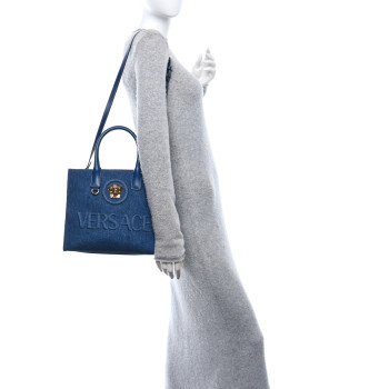 VERSACE Denim Calfskin La Medusa Small Tote Bag Blue