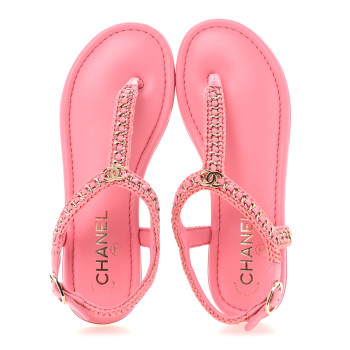 CHANEL Lambskin Embroidered CC Thong Sandals 37 Pink