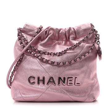 CHANEL Metallic Lambskin Lacquered Monochrome Quilted Mini Chanel 22 Pink